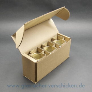 Versandkarton für 3 Gläser <br> max. Ø 70 mm <br> max. Höhe 75 mm <br> als Klappkarton